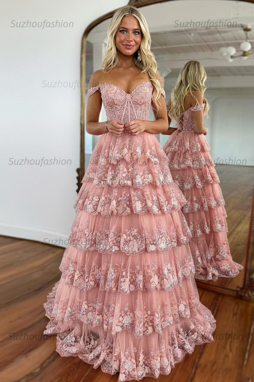 Glitter Hot Pink Corset Off the Shoulder Lace Long Prom Dress