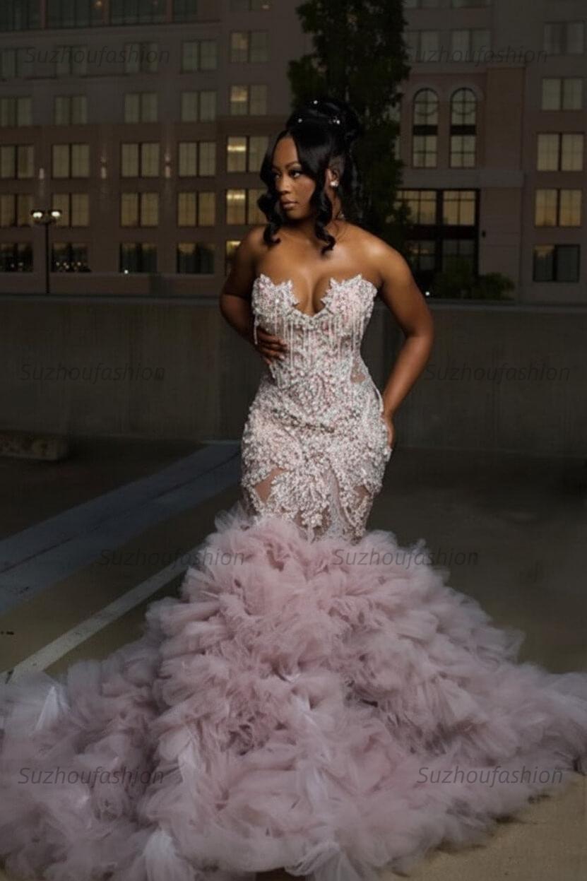Mermaid Sweetheart Prom Dress Ruffled Sleeveless Formal Evening Gown with Rhinestones and Beadings