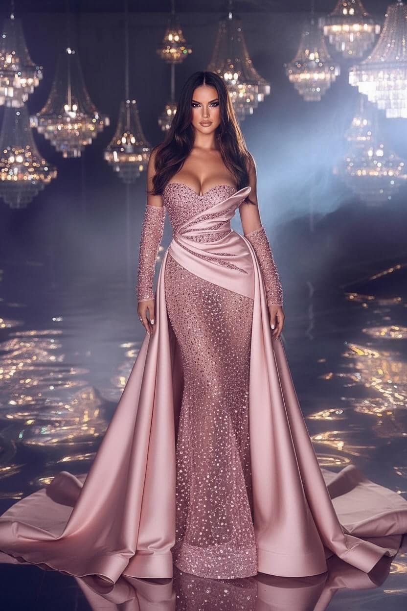 Chic Sweetheart Sleeveless Satin Prom Dresses with Ruffles