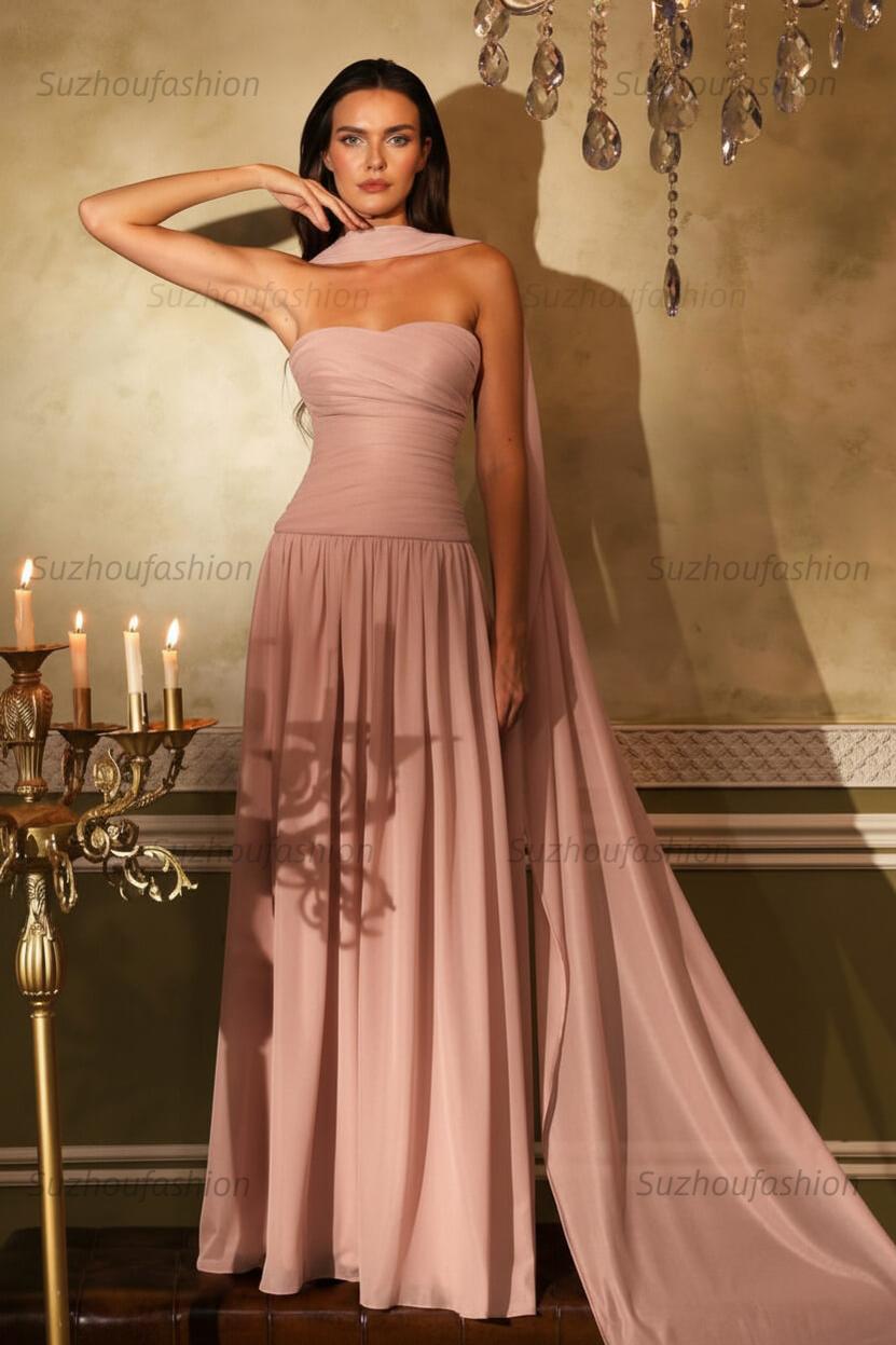Chiffon Strapless Sleeveless Long Evening Formal Dress With Ruffled Pleated