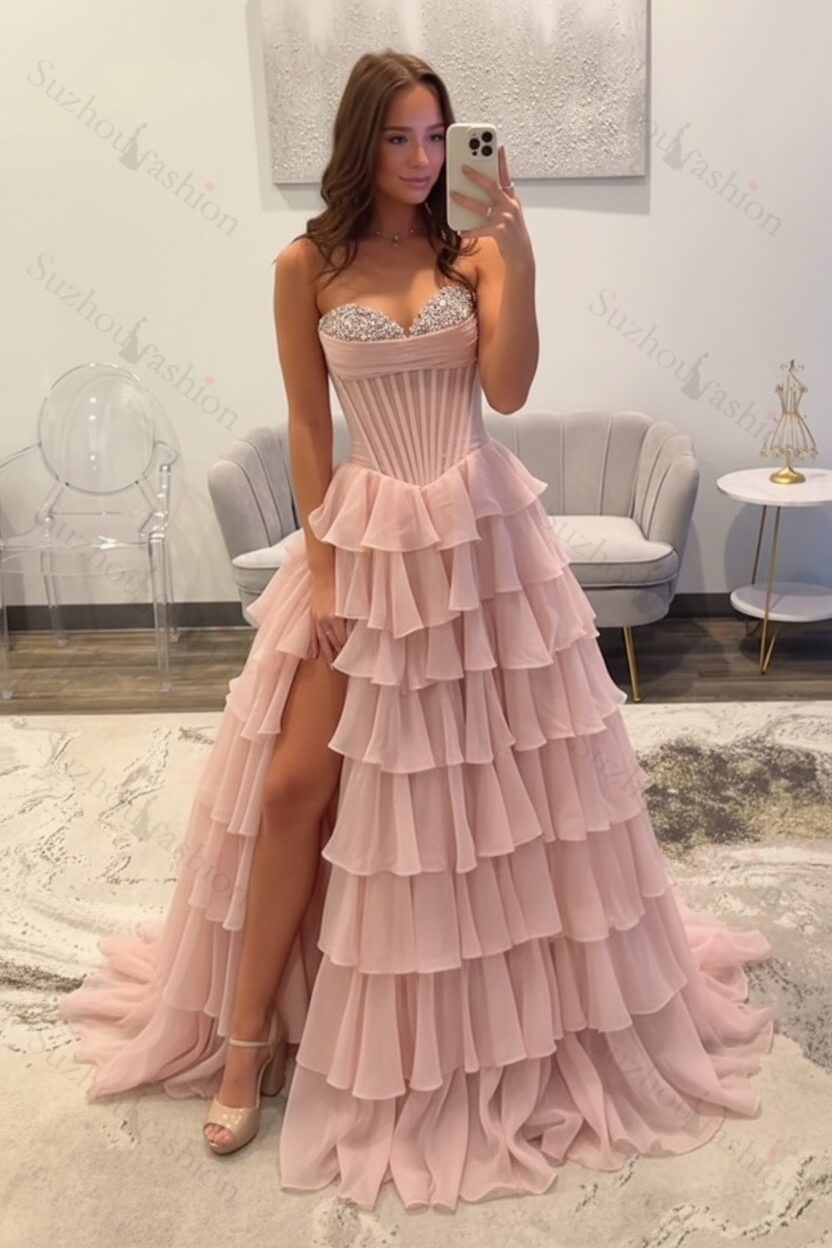 Ruffled Black Prom Dress A Line Corset Long Formal Dress With Beadings