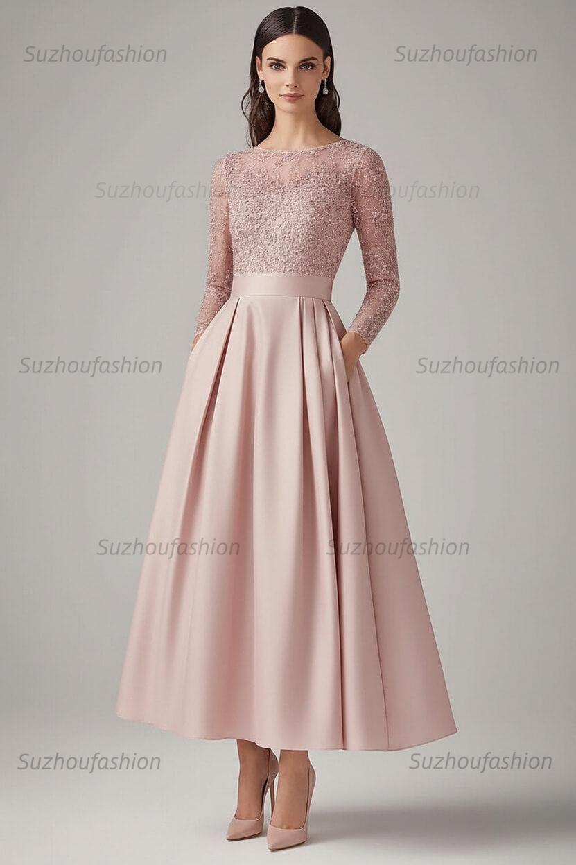 Navy Wedding Guest Dress Beaded A Line Long Sleeves Formal Dress With Lace