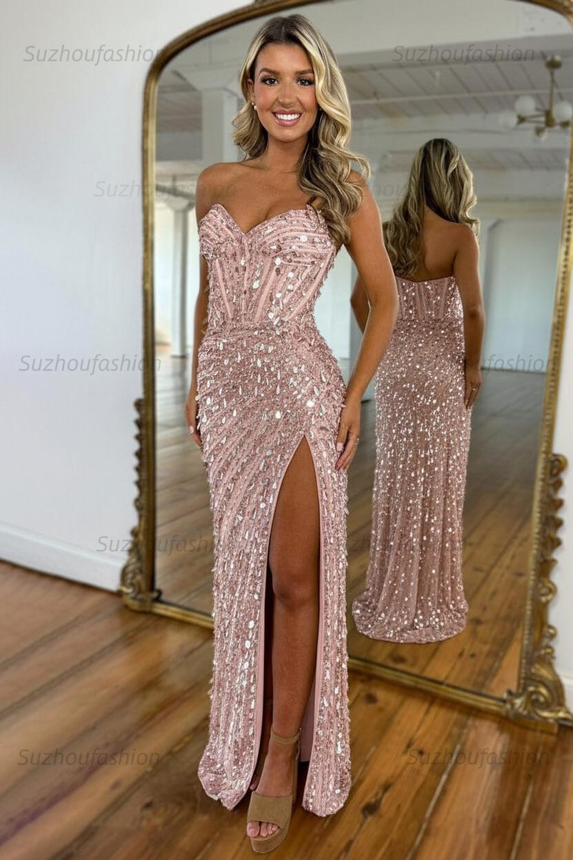 Sequined Prom Dress Sweetheart Mermaid With High Slit Skirt Formal Evening Gown