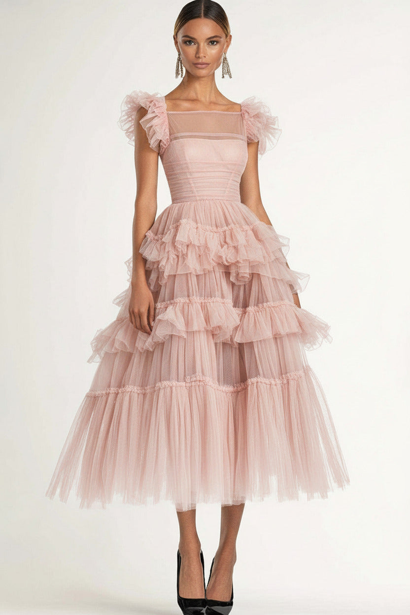 Tea Length Black Wedding Guest Dress A-Line Flatter Sleeves Tulle Formal Dress With Ruffles