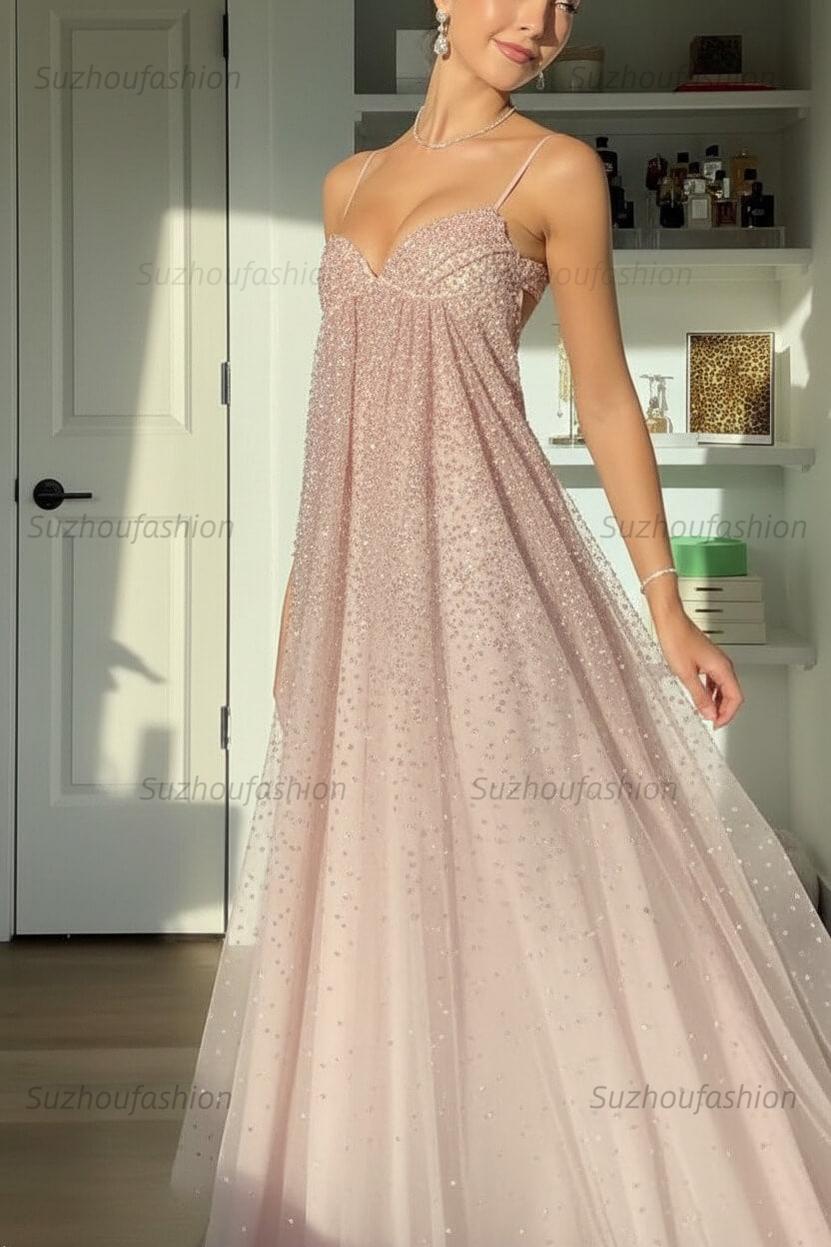 Suzhoufashion Bling A Line Spaghetti Straps Grey Blue Long Party Dress With Beading Formal Evening Gown