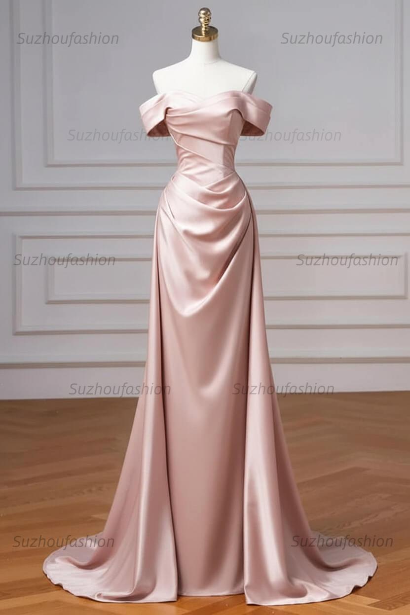 Navy Prom Dress Blue Off The Shoulder Formal Dress with Detachable Train