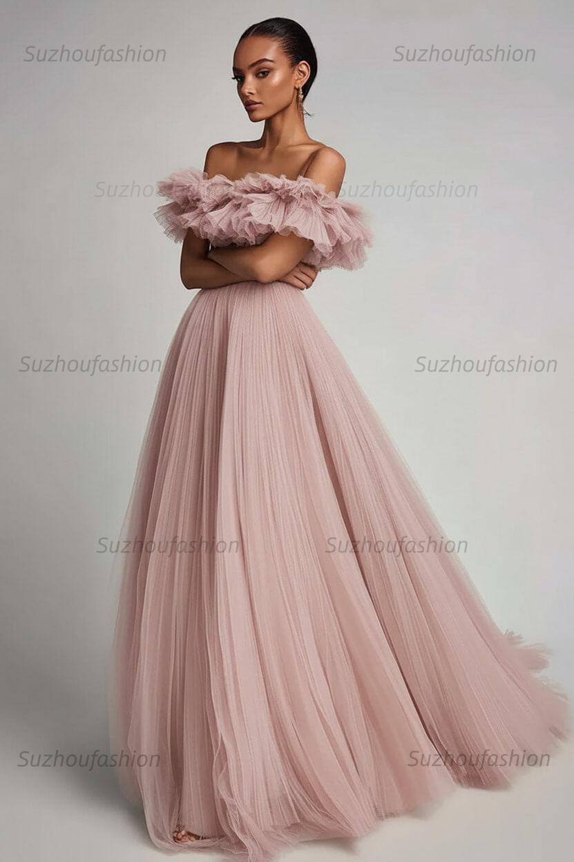 Dusty Sage Prom Dress Tulle A Line Long Formal Dress With Ruffles