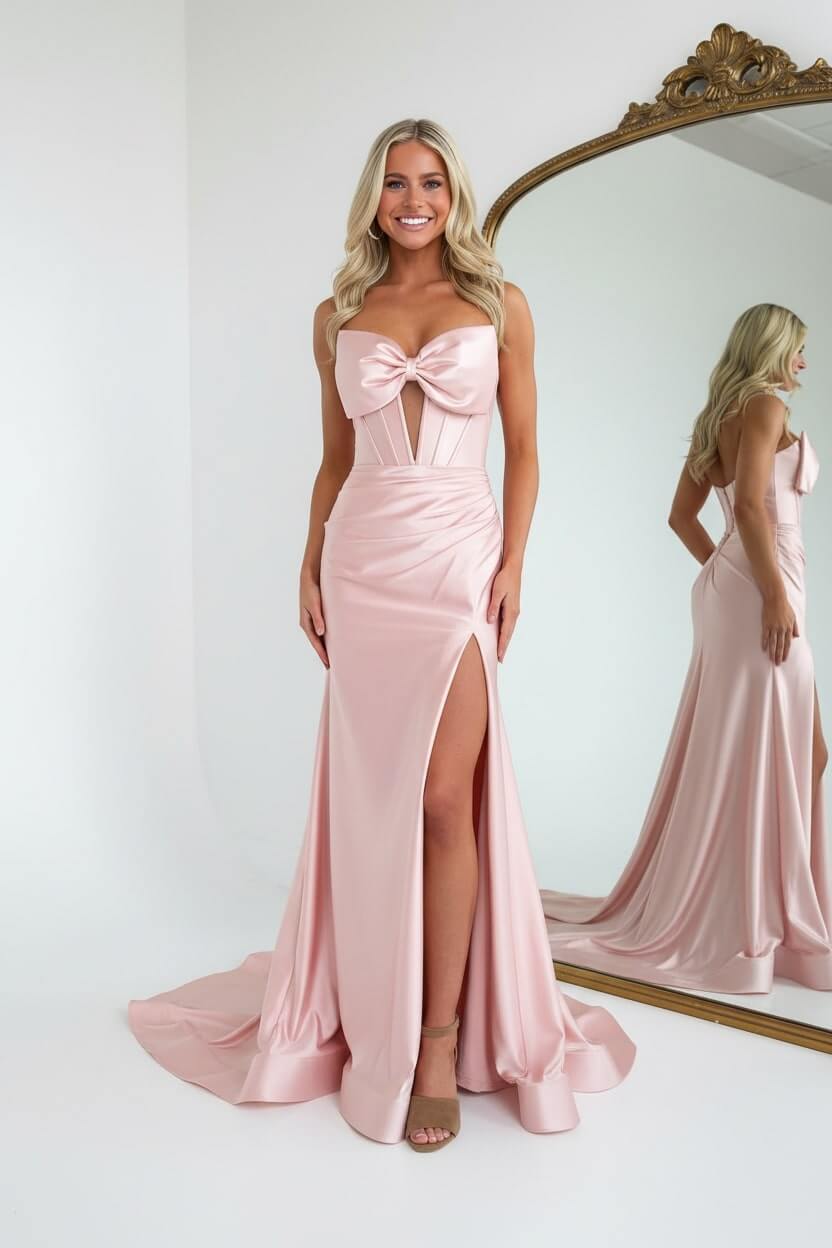 Corset Red Prom Dress Satin Sweetheart Formal Dress With Slit