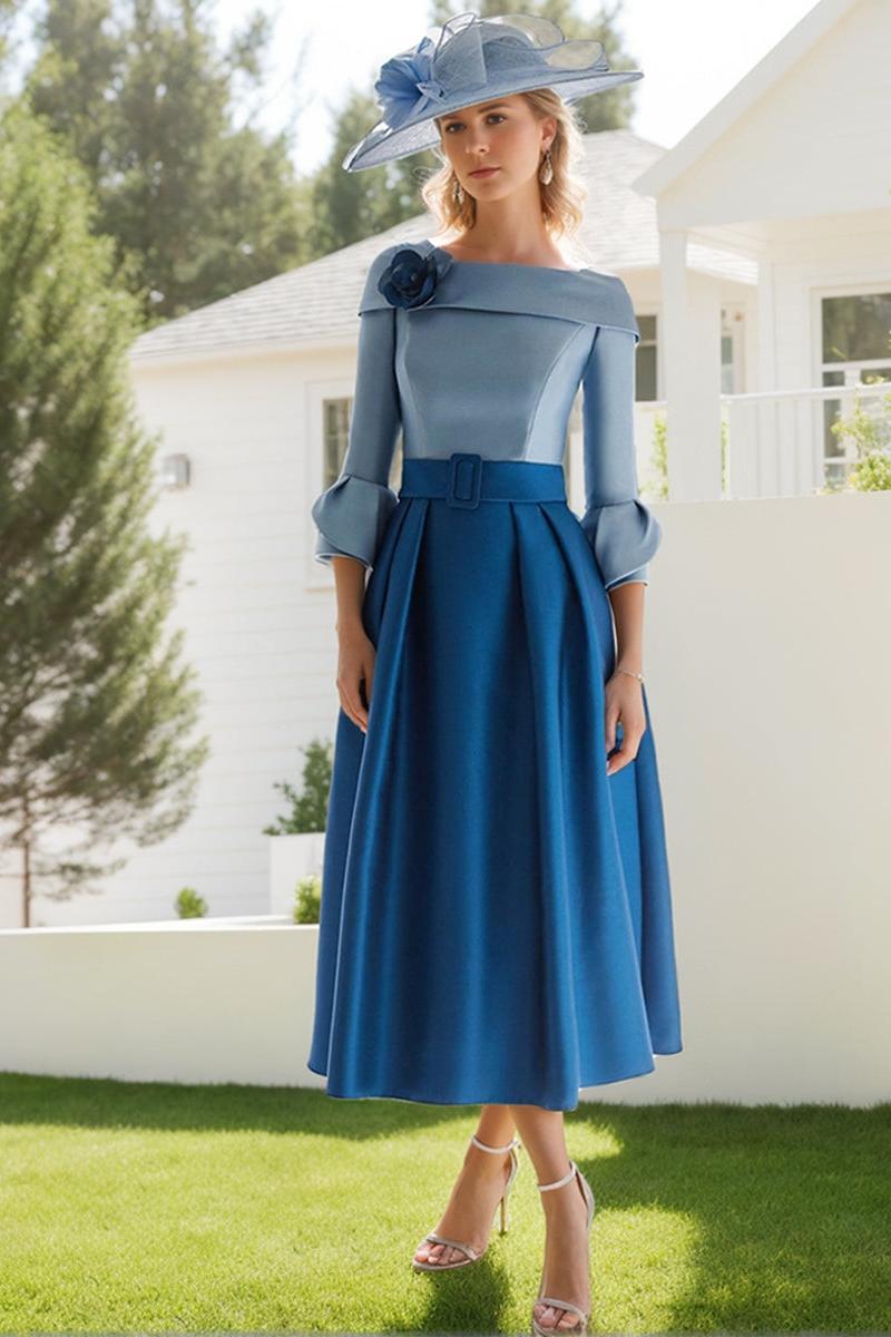 Boat Neck 3/4 Sleeve A Line Dress for Mother of the Bride & Groom with Floral Accent and Belt