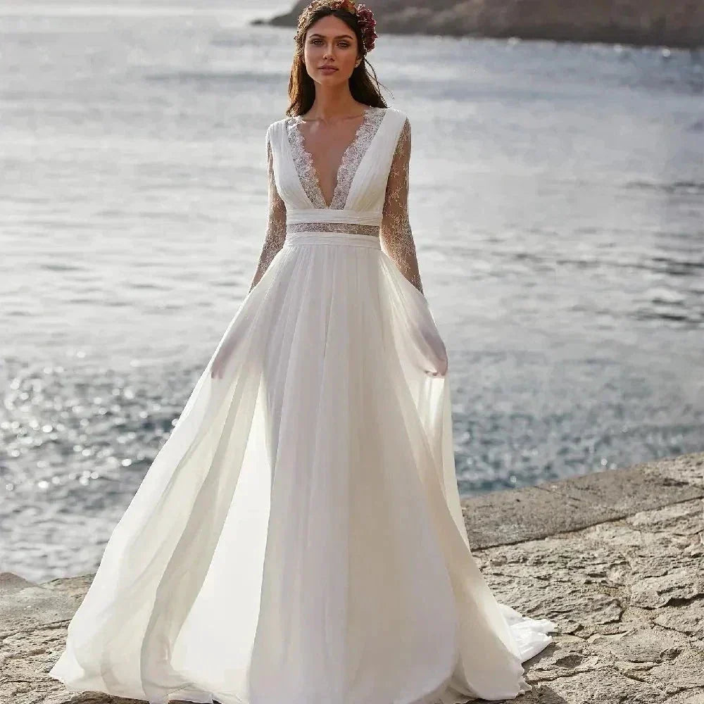 Wedding Dresses A-Line V-Neck Bridal Gowns Long Sleeves Chiffon And Satin Robes For Formal Party 2024 Vestidos De Novia (ZD13548) - VelvetHem