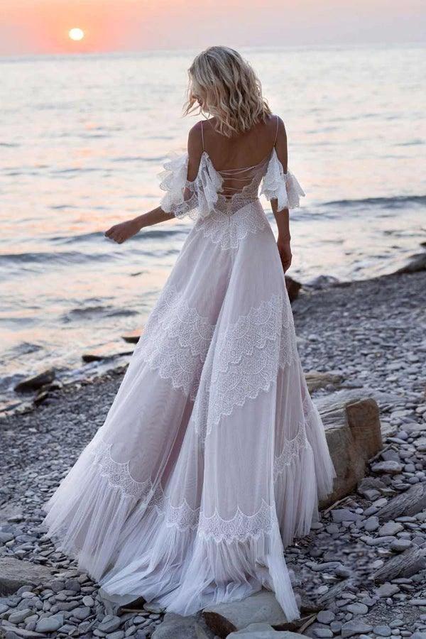 Bohemian Straps Off Shoulder Charming Lace Beach Wedding Dresses (ZD16241)