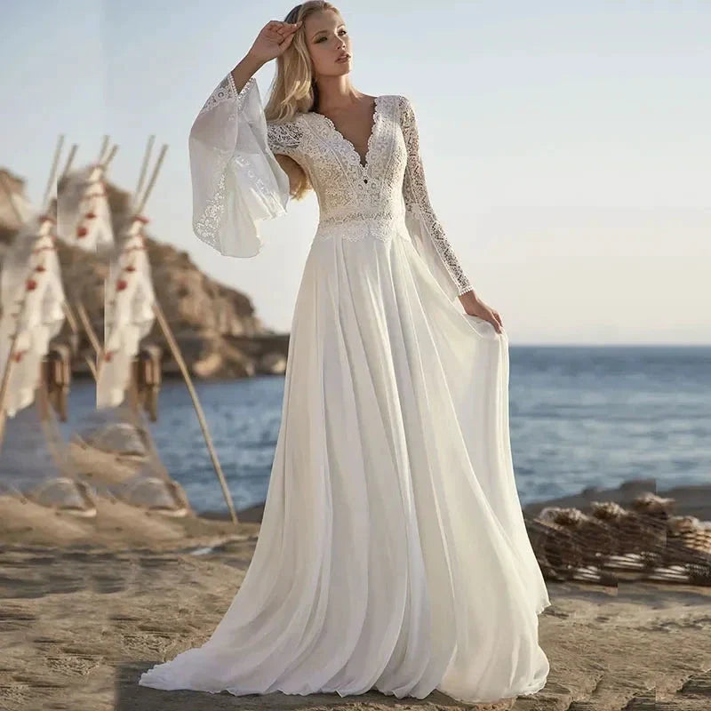 Bohemian A Line Chiffon Wedding Dresses 2024 V Neck Long Sleeve Lace Applique Backless For Women Bridal Gown Vestidos De Novia by payinti