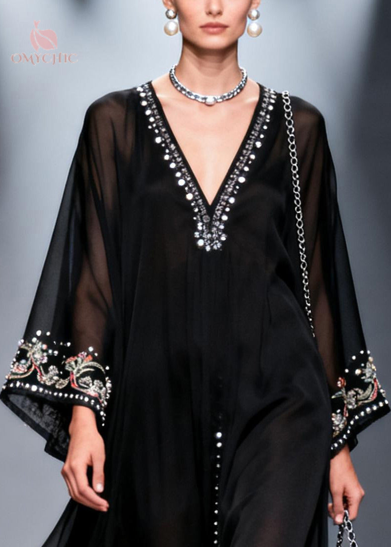 Bohemian Black Oversized Fine Pearl Chiffon Party Dress Summer