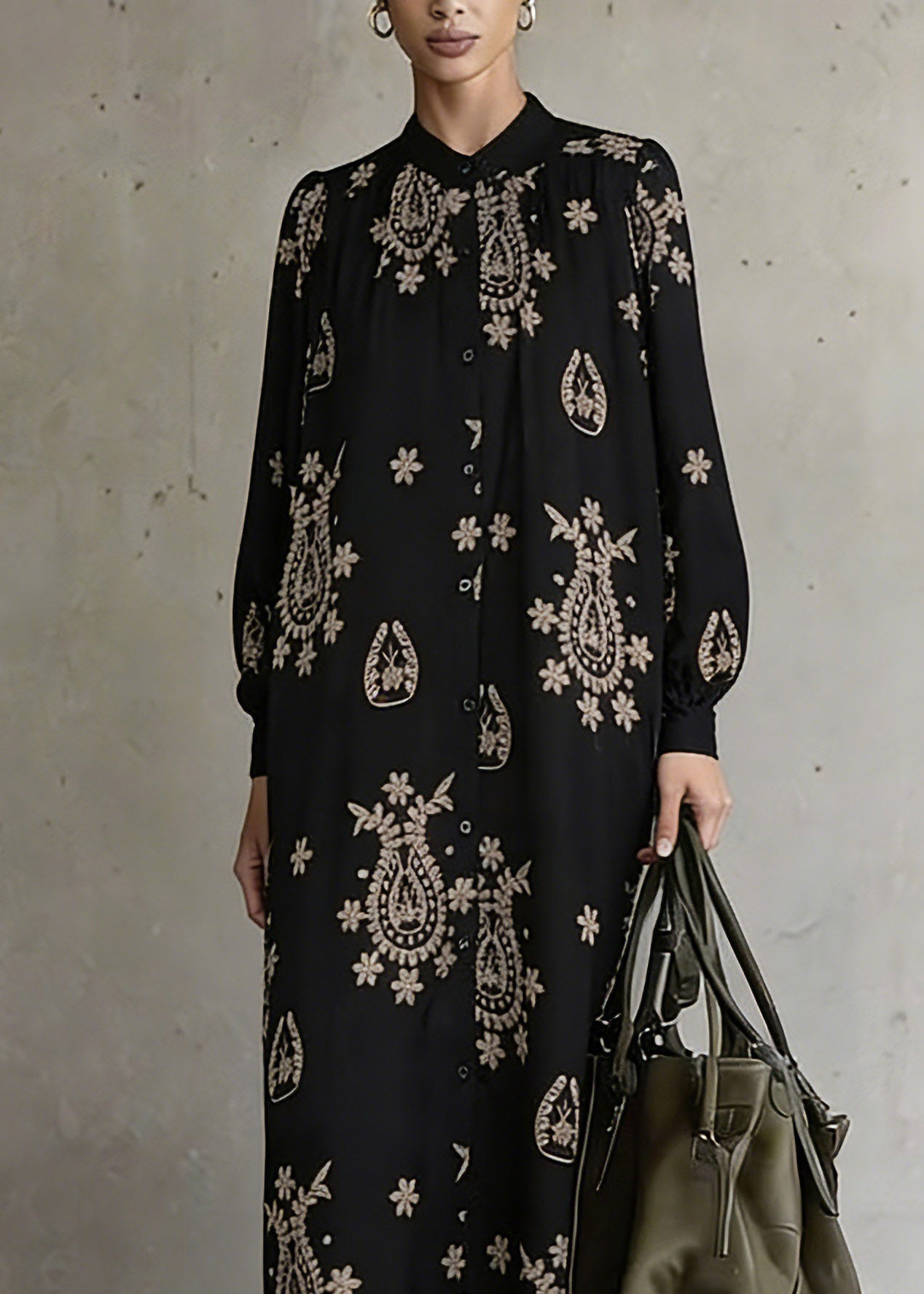 Bohemian Black Stand Collar Print Ankle Dress Lantern Sleeve