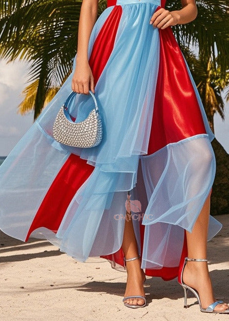 Bohemian Blue Bustier Top Patchwork Chiffon Holiday Dress Summer