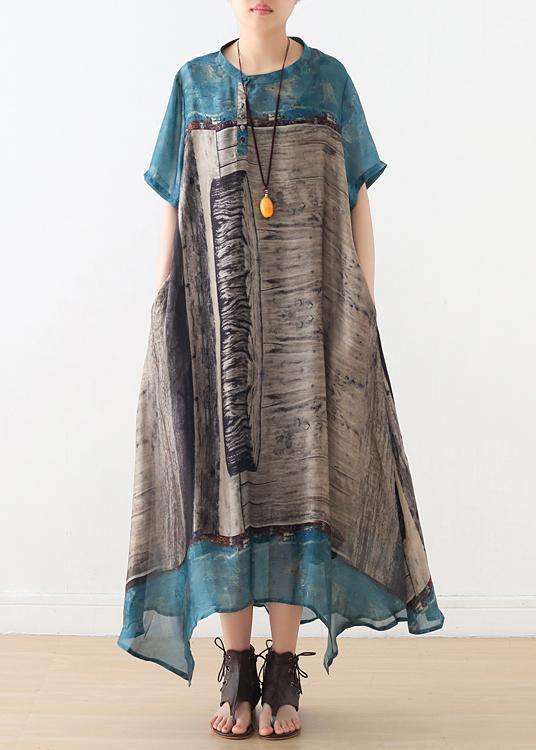 Bohemian Blue Print Button Vacation Summer Chiffon Dress