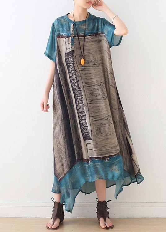 Bohemian Blue Print Button Vacation Summer Chiffon Dress
