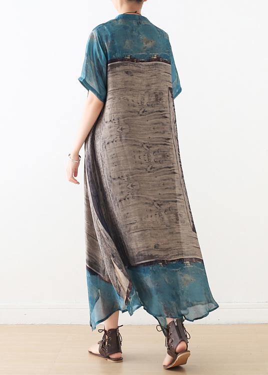 Bohemian Blue Print Button Vacation Summer Chiffon Dress