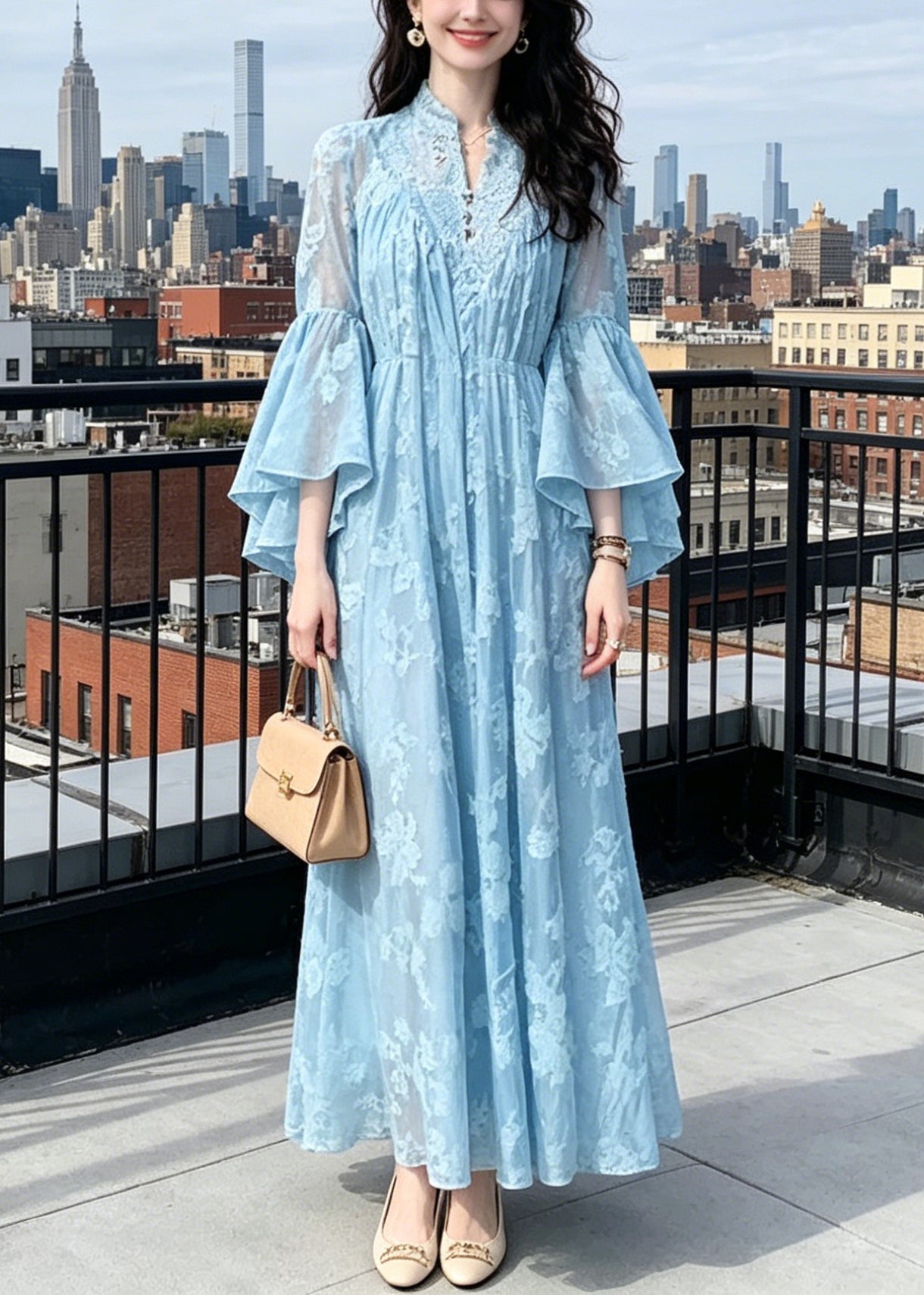 Bohemian Blue Stand Collar Patchwork Long Dresses Flare Sleeve