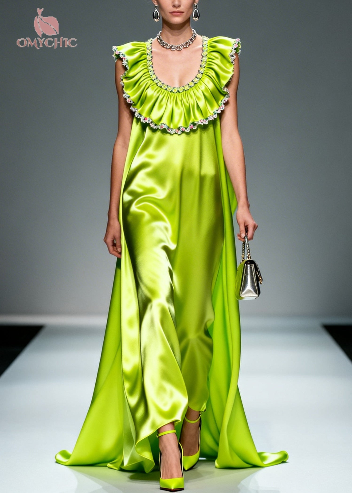 Bohemian Fluorescent Green Ruffled Exra Large Hem Silk Maxi Dresses Sleeveless