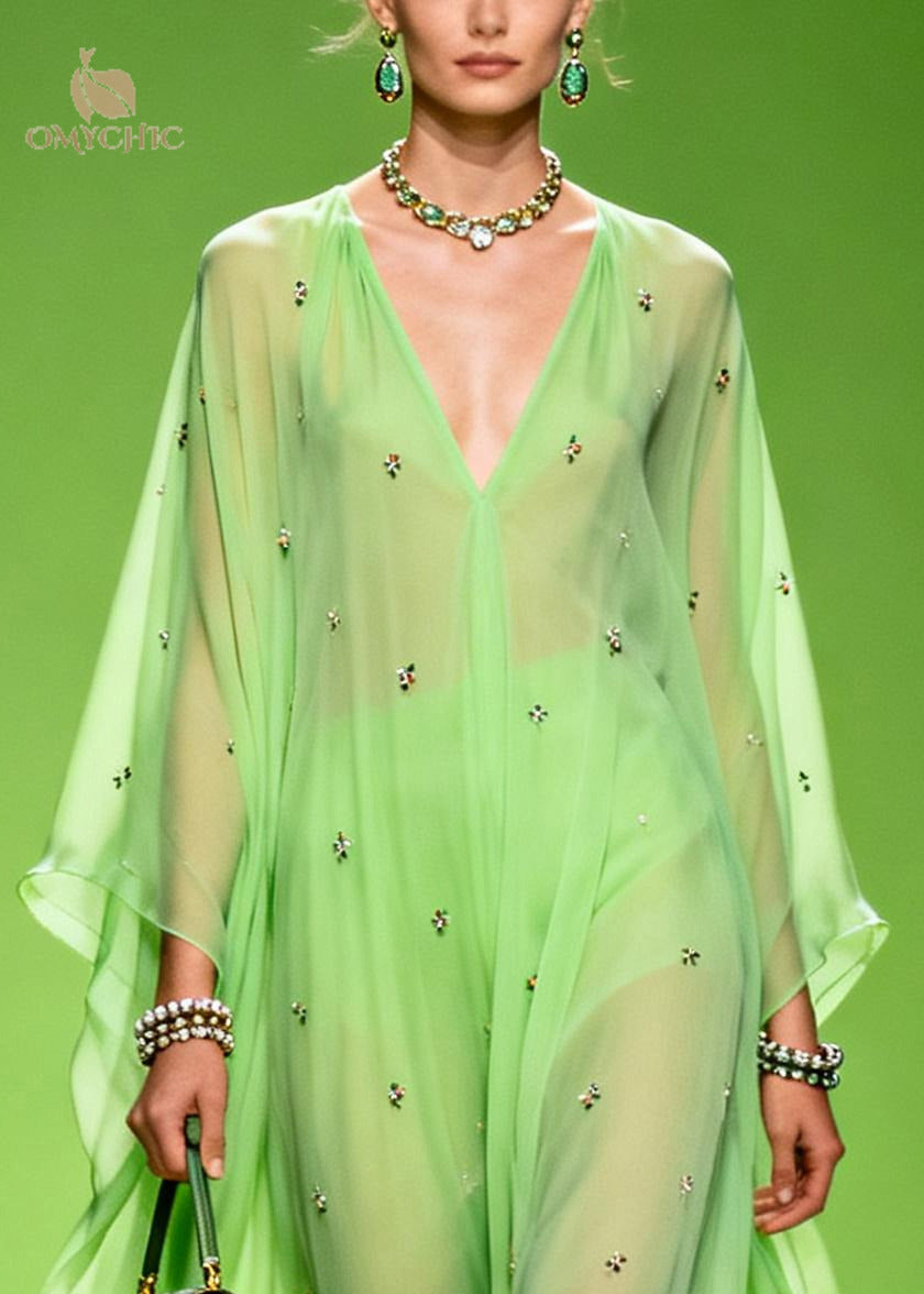 Bohemian Grass Green Oversized Print Chiffon Robe Dresses Summer