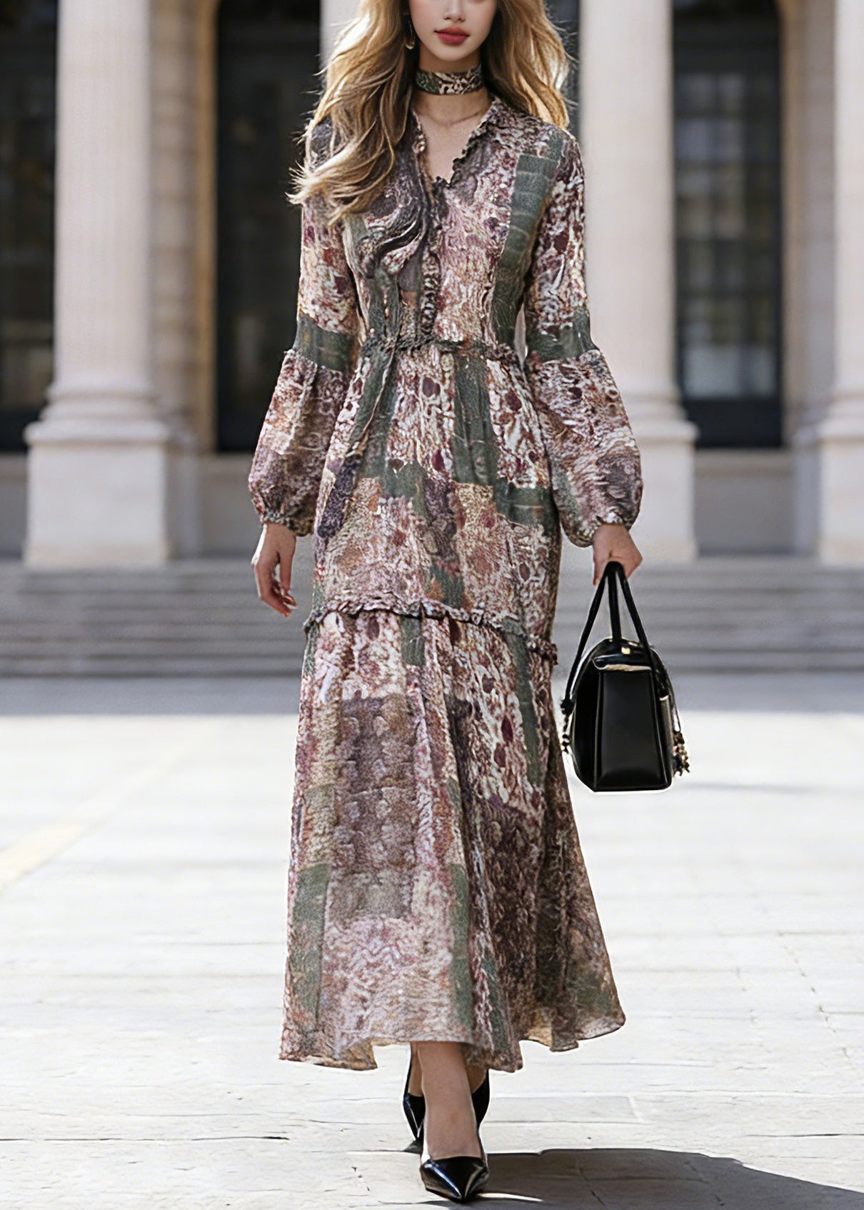 Bohemian Green Ruffled Patchwork Chiffon Vacation Maxi Dresses Spring