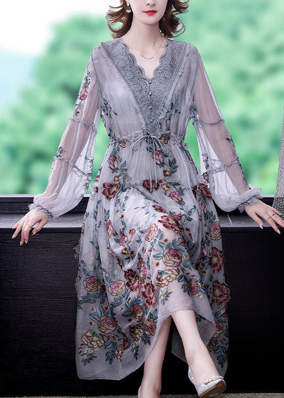 Bohemian Grey V Neck Patchwork Print Tulle Cinched Dress Spring