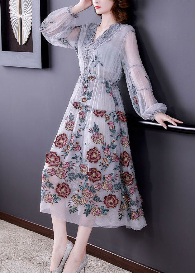 Bohemian Grey V Neck Patchwork Print Tulle Cinched Dress Spring