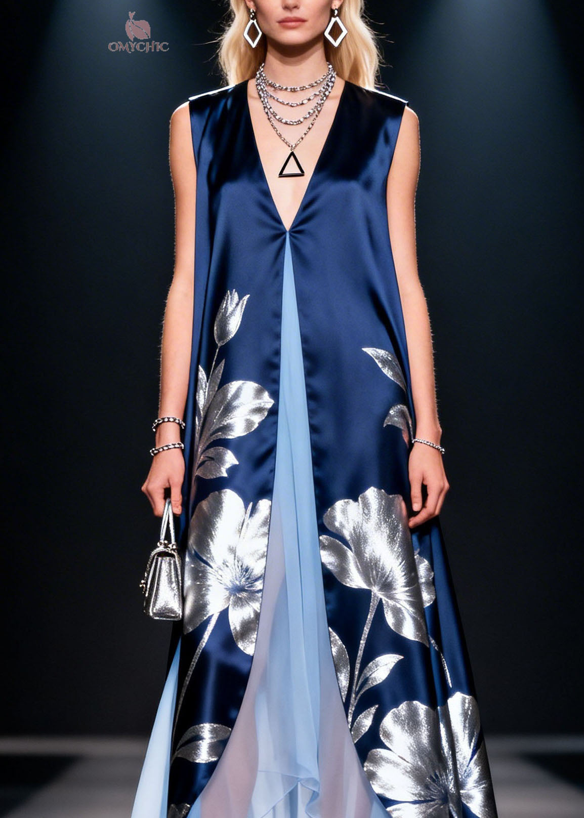 Bohemian V Neck Print Patchwork Silk Long Dress Summer