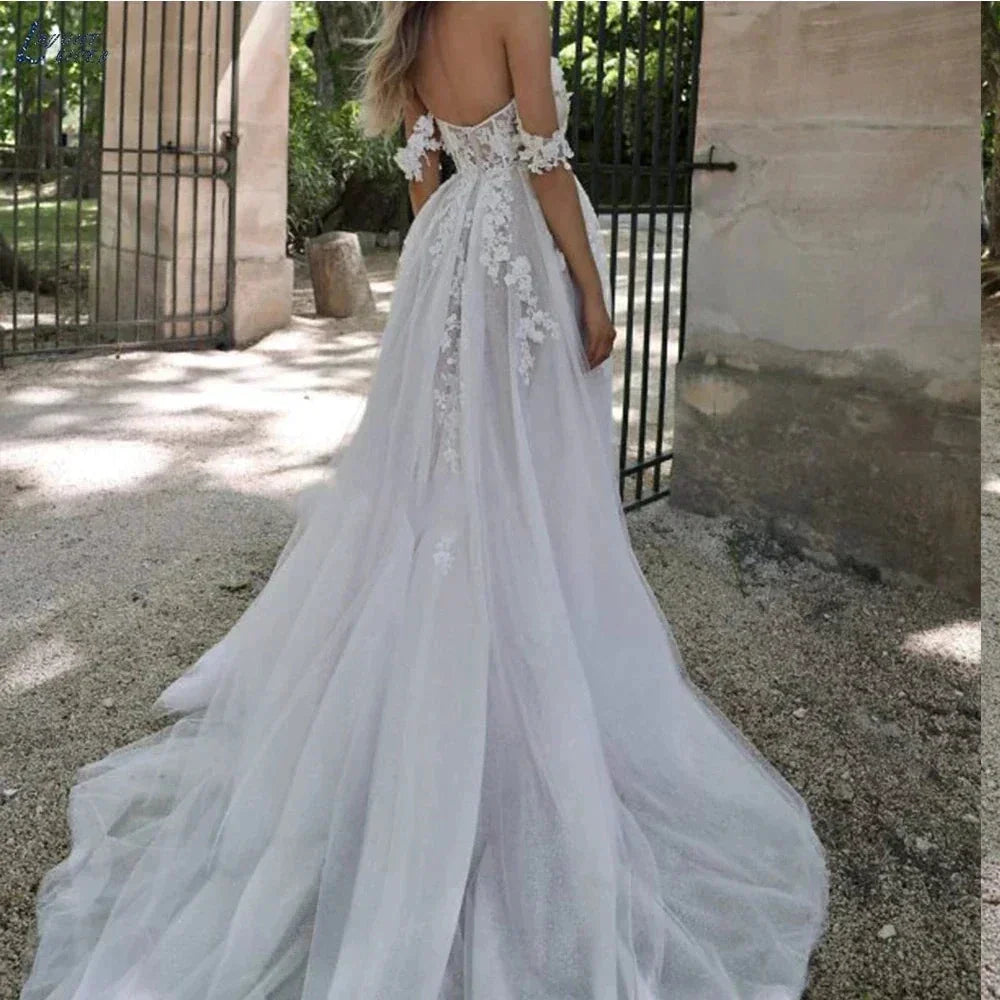 Bohemian Wedding Dresses Women's Sexy and Elegant Side High Split Tulle Lace Applique Off Shoulder Princess Bridal Gowns De (ZD14169)