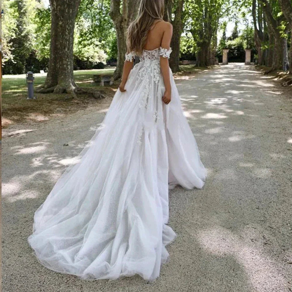 Bohemian Wedding Dresses Women's Sexy and Elegant Side High Split Tulle Lace Applique Off Shoulder Princess Bridal Gowns De (ZD14169)