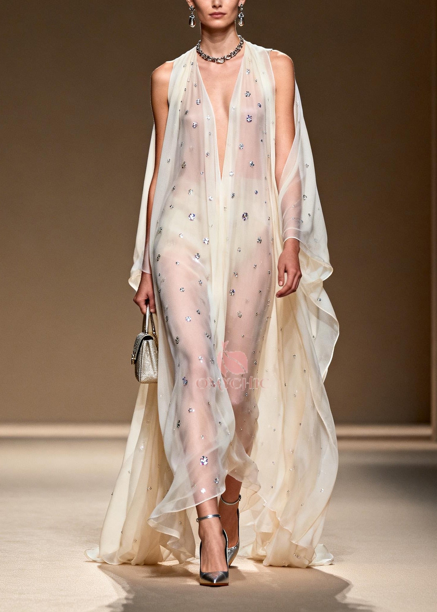 Bohemian White Rhinestone Cold Shoulder Chiffon Sheer Dress Summer