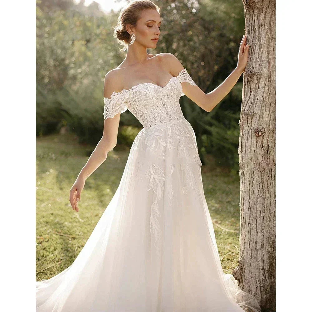 Bohemian Women's Wedding Dresses Sexy Off Shoulder A-Line Sheer Sticker Princess Prom Bridal Gowns  Vestidos De Novia Robe (ZD14193)