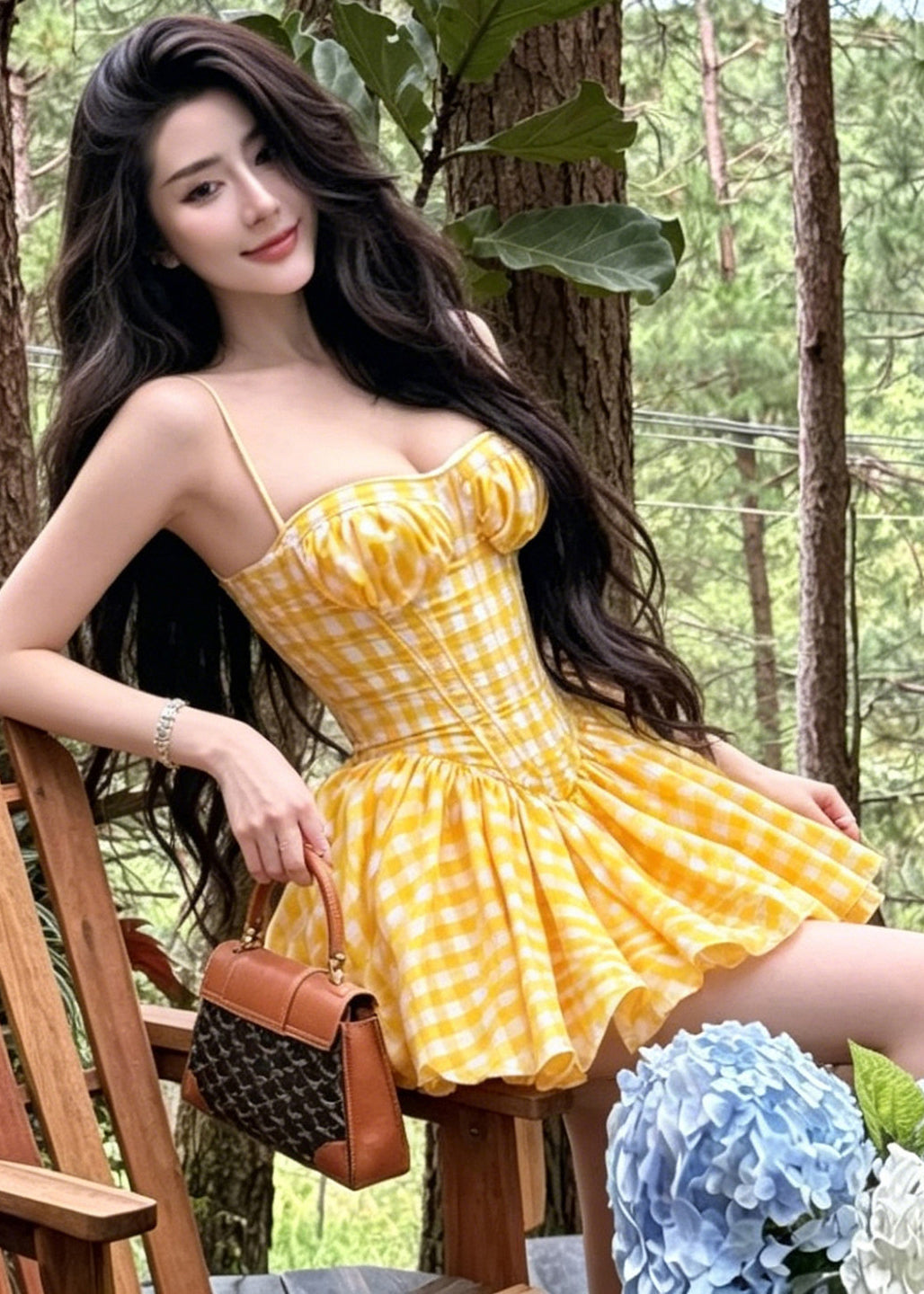 Bohemian Yellow Plaid Mini Spaghetti Strap Dress Summer