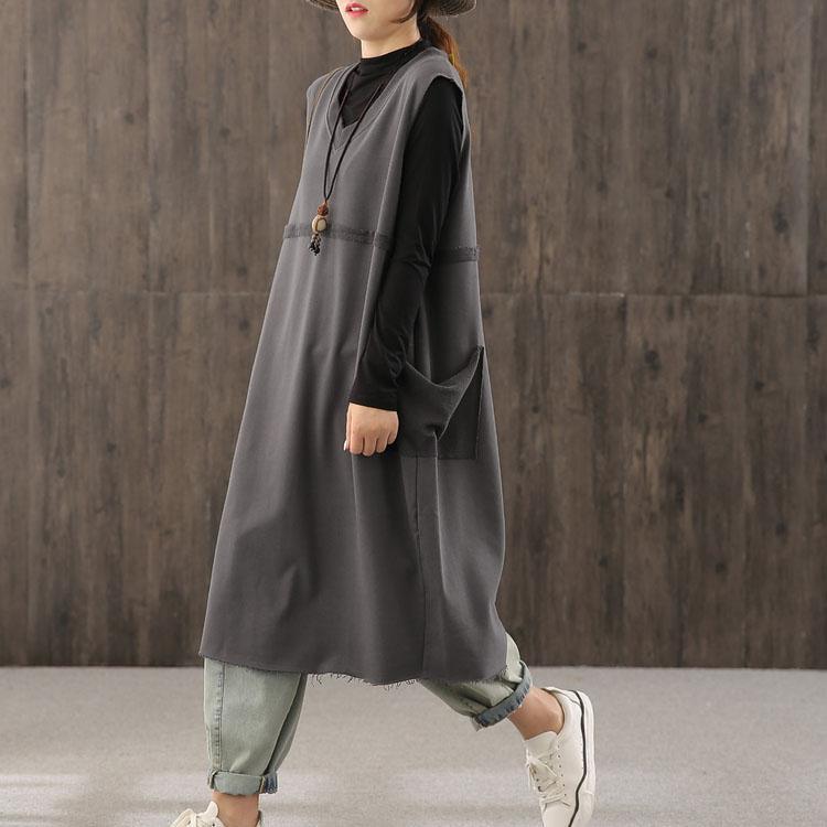 Bohemian gray tunics for women v neck patchwork Maxi Dress