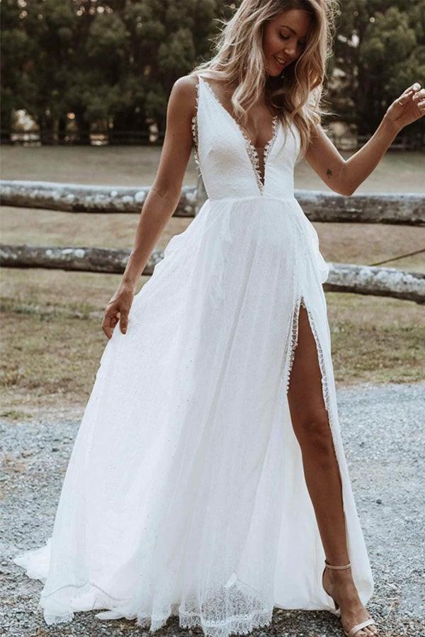 Bohemian A Line V Neck Lace Split Wedding Dresses with Appliques (ZD16238)
