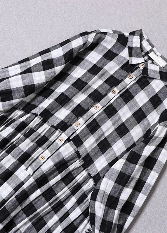 Bohemian Black White Plaid Peter Pan Collar Pockets Button Fall Patchwork Dresses
