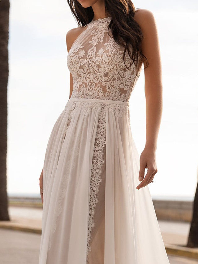 Boho A-Line Chiffon Beach Wedding Dress Beach Tulle Lace Sleeveless Bridal Gowns On Sale