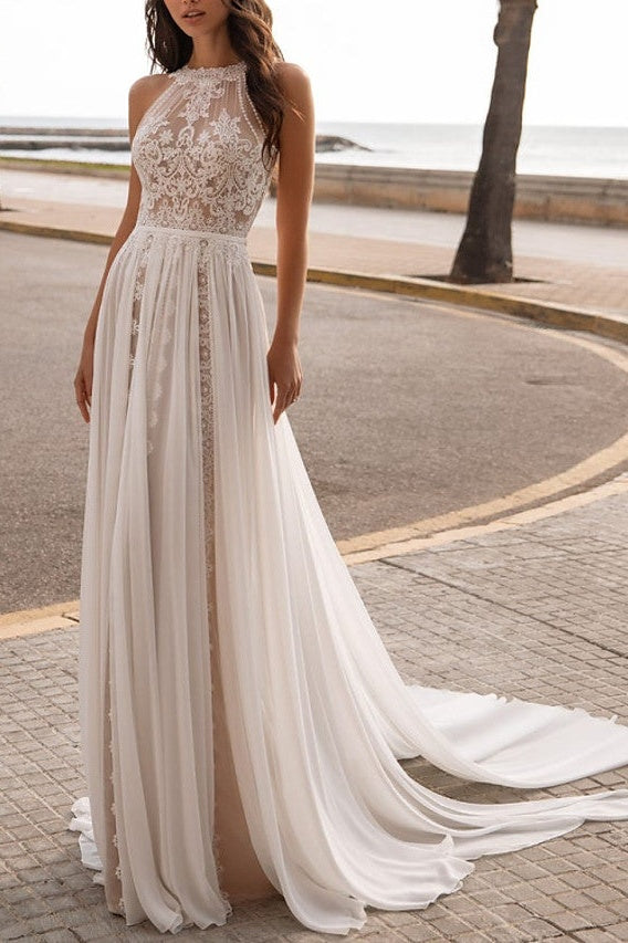 Boho A-Line Chiffon Beach Wedding Dress Beach Tulle Lace Sleeveless Bridal Gowns On Sale