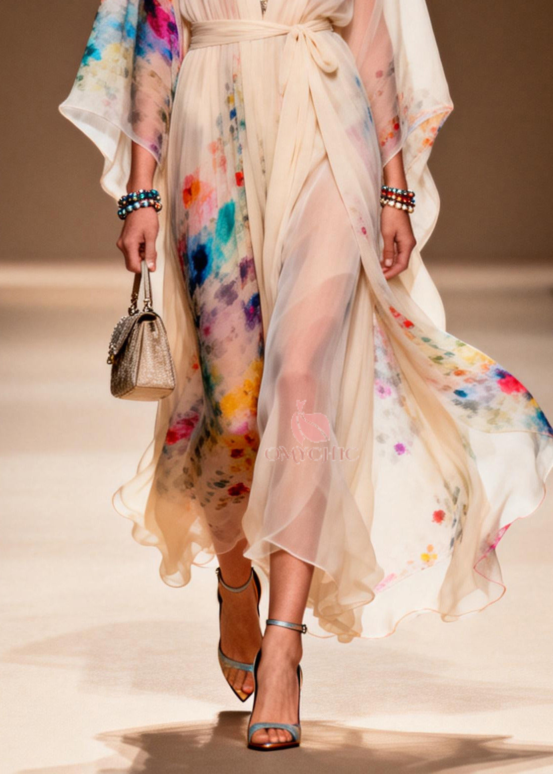 Boho Apricot Tie Waist Print Chiffon Ankle Dress Summer