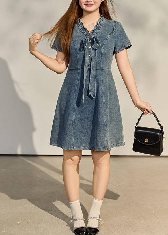 Boho Blue Ruffled Bow Denim Tea Dress Summer