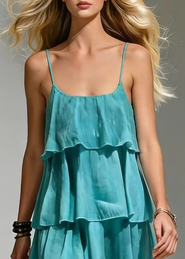 Boho Blue Ruffled Cotton Beach Dress Summer