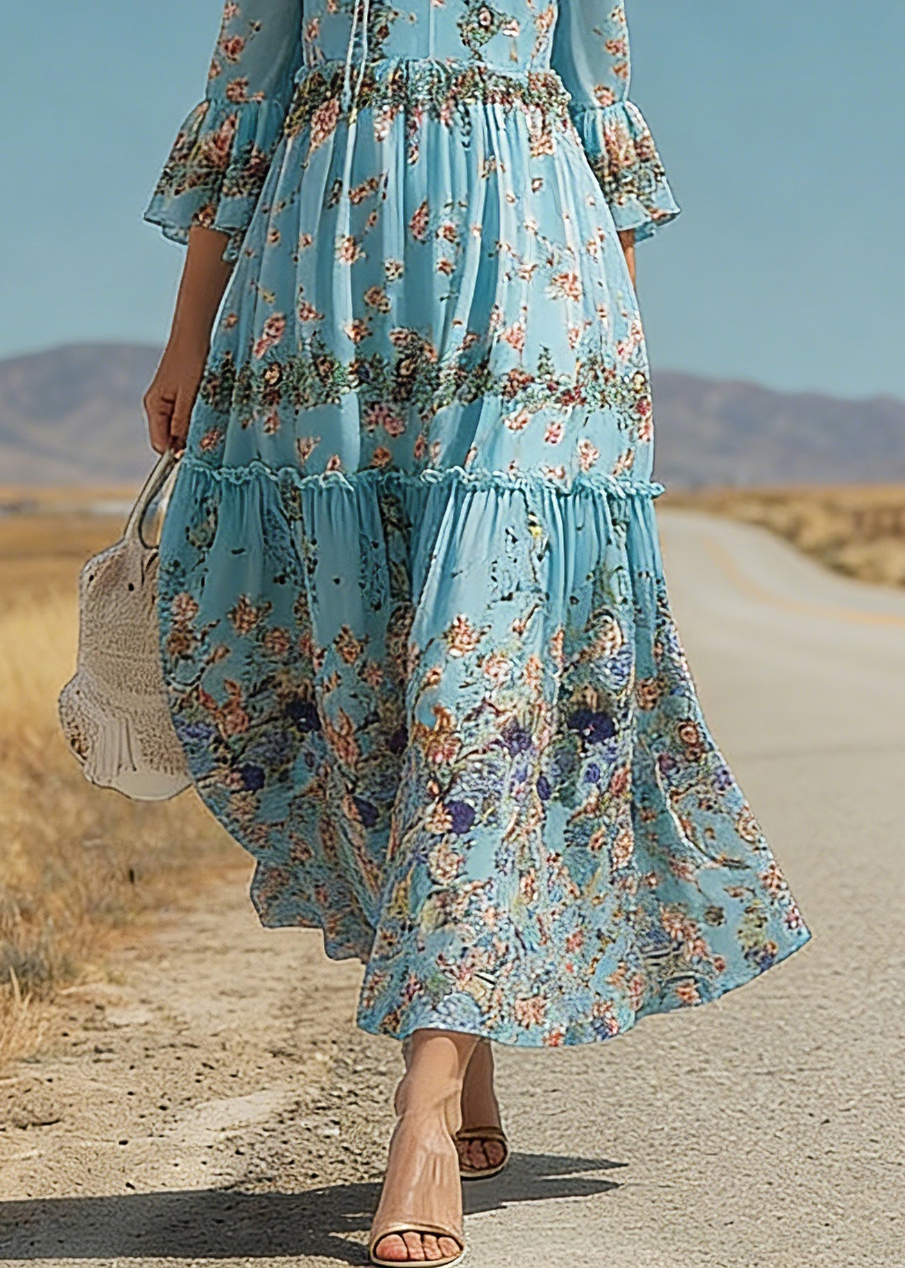 Boho Blue Ruffled Patchwork Print Silk Maxi Dress Flare Sleeve