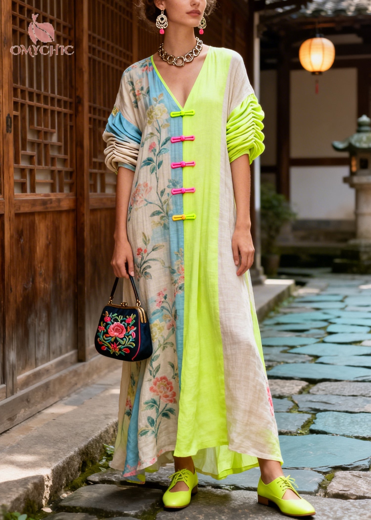 Boho Colorblock Asymmetrical Patchwork Chinese Button Cotton Dress Summer