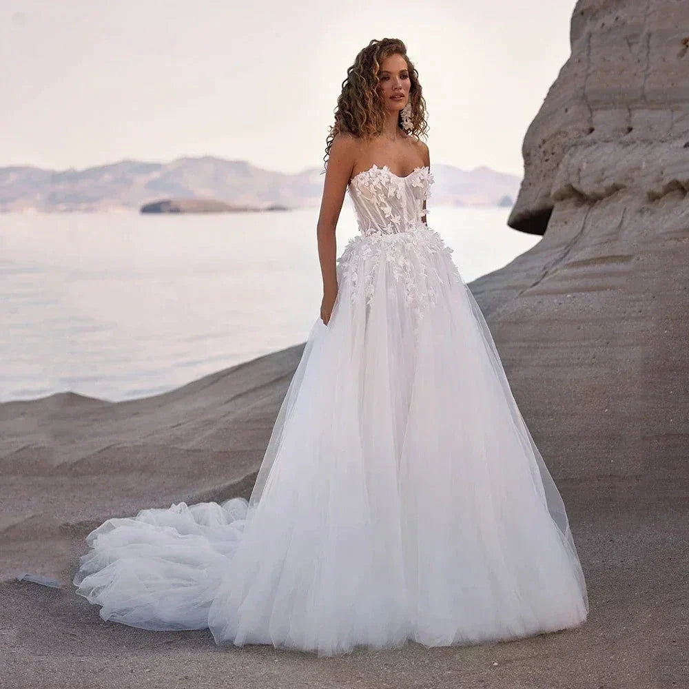 Boho Detachable Off Shoulder Long Puff Sleeves Wedding Dress Sweetheart Appliques Vestido De Noiva A Line Vestidos De Novia by payinti