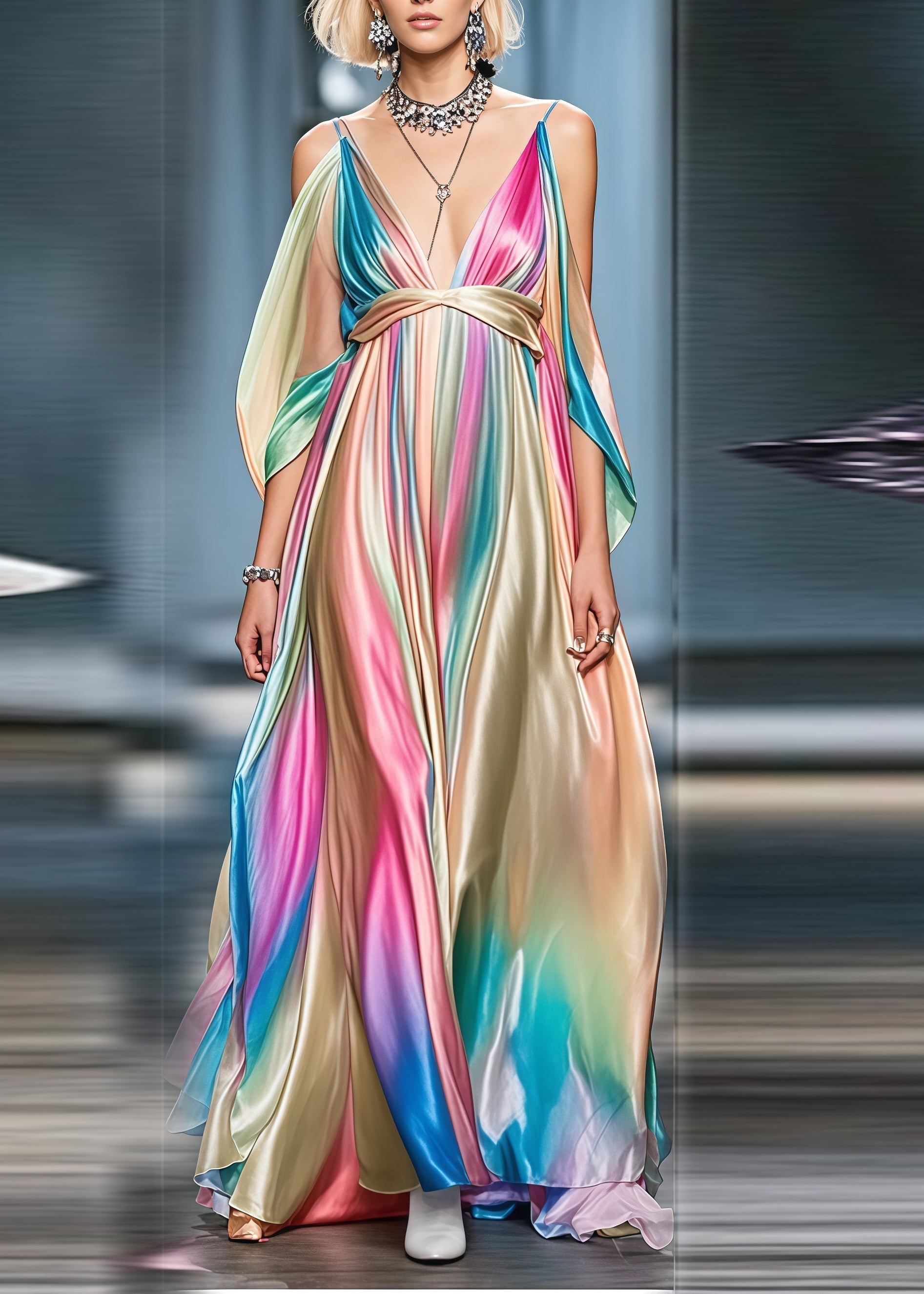 Boho Gradient Color Cold Shoulder Exra Large Hem Silk Party Dress Summer