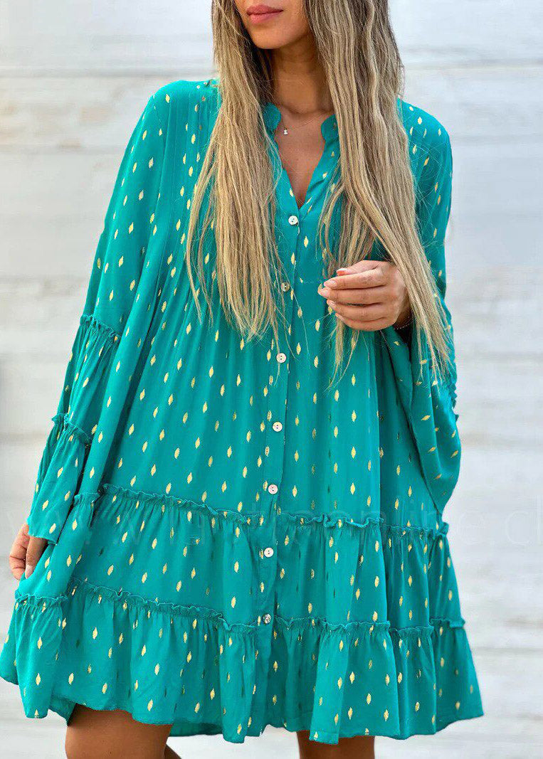 Boho Green Ruffled Patchwork Mid Dress Flare Sleeve