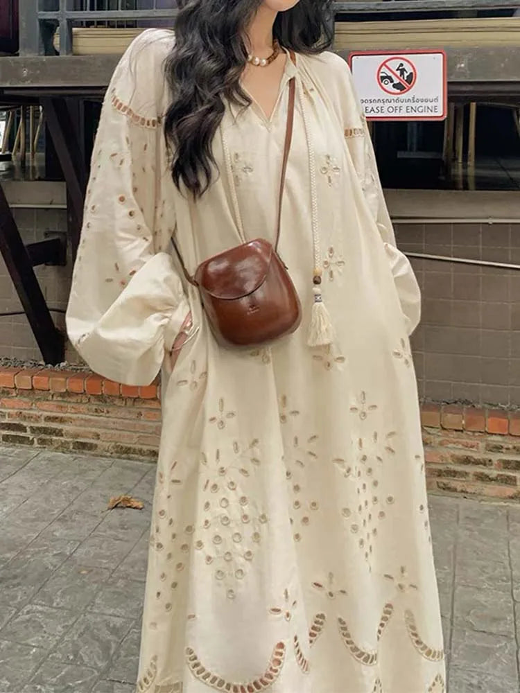 Korean Style Vintage Long Sleeve VNeck Boho Hollow Out Maxi Dress