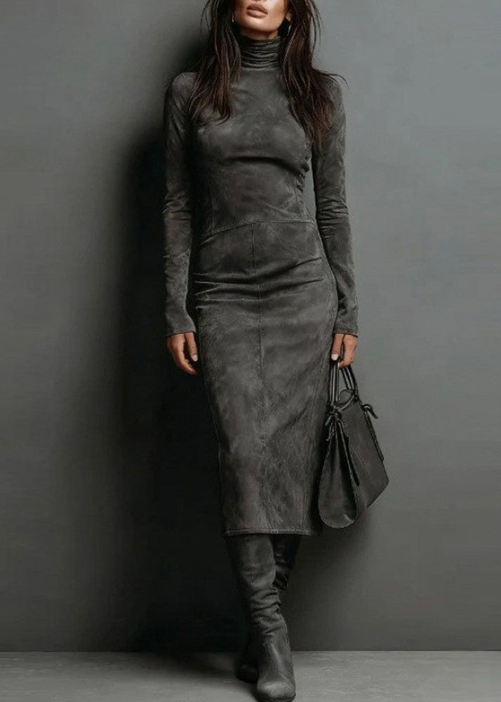 Boho Khaki Hign Neck Slim Fit Faux Suede Dresses Spring