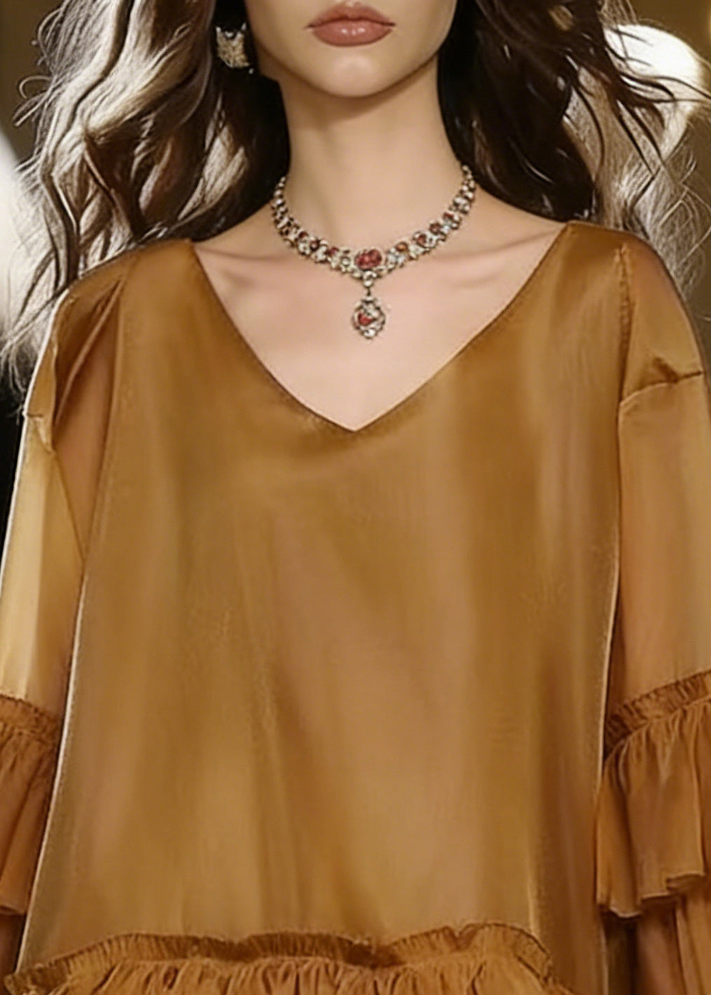 Boho Khaki V Neck Ruffles Chiffon Mid Dress Summer